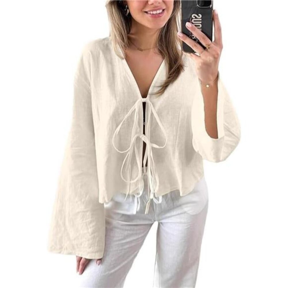🌿 Women’s Tie Front Linen Chambray Shirt – Long Sleeve V-Neck Beach Cover Up